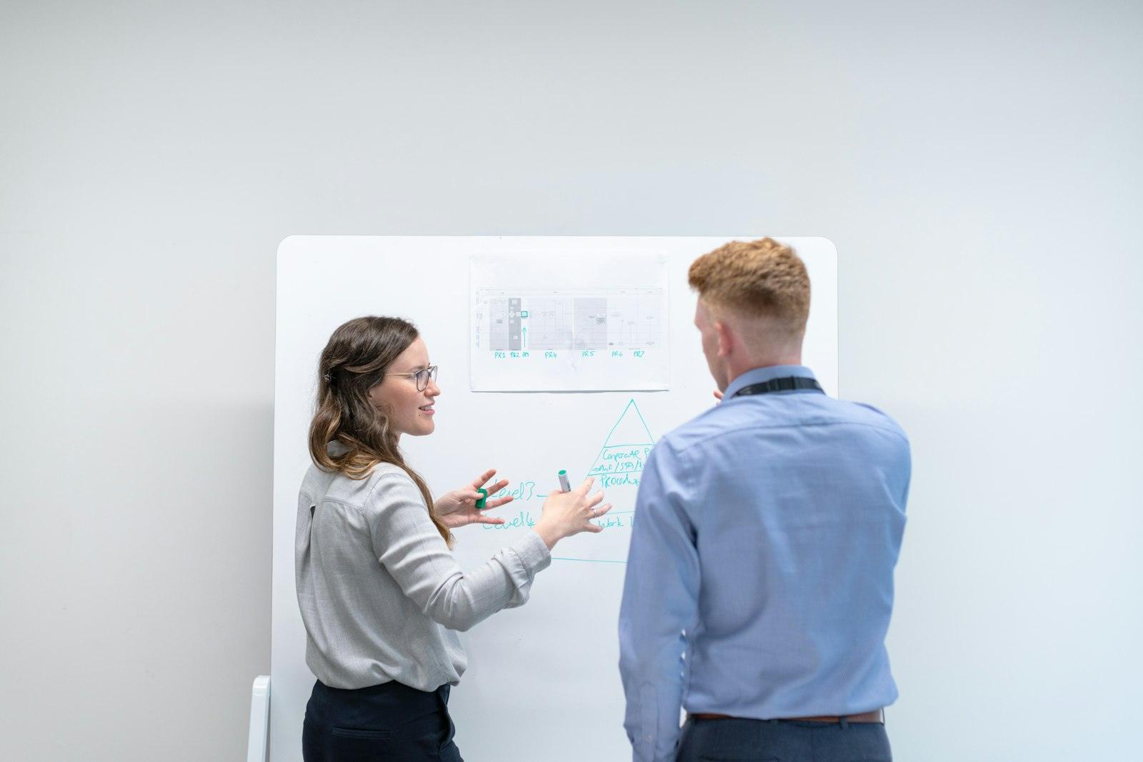 Two colleagues mapping a marketing plan on a whiteboard