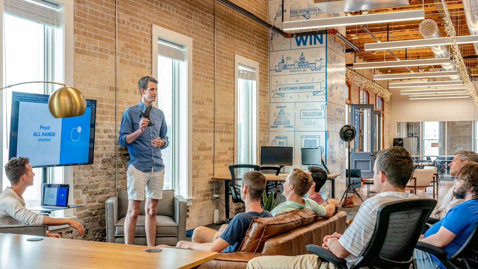 A team reviewing plans together in a bright office